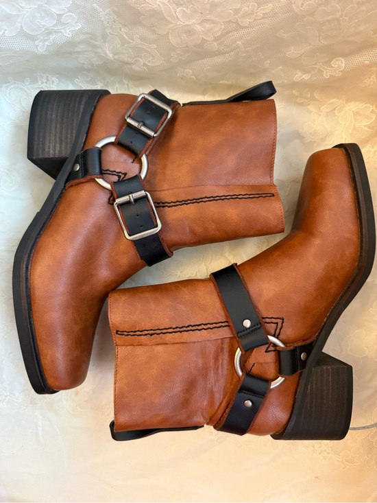 BEAST FASHION Shoes - SOLD BEAST FASHION Tan/Brown Faux Cognac Leather with Moto Straps Western NWOT